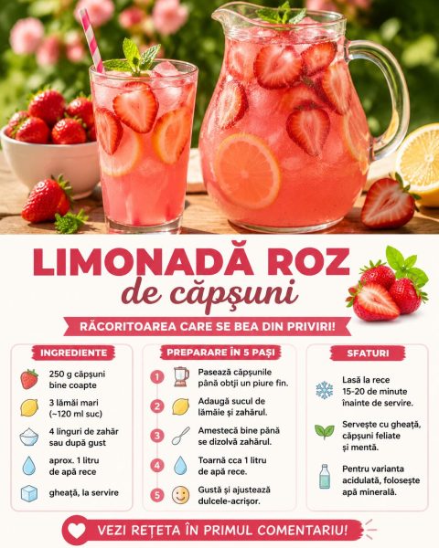Limonadă roz de căpșuni, răcoritoarea care se bea din priviri. Iată cum o faci acasă!