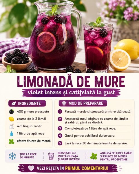 Limonadă de mure, violet intens și catifelată la gust. Hai s-o facem cât murele sunt coapte!