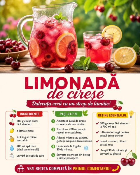 Limonadă de cireșe, dulceața verii cu un strop de lămâie. Iată cum o faci acasă!