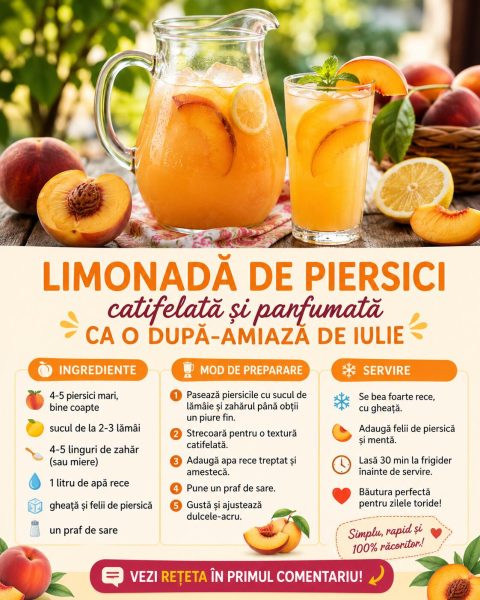 Limonadă de piersici, catifelată și parfumată ca o după-amiază de iulie