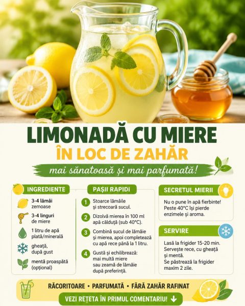 Limonadă cu miere în loc de zahăr. Iată cum o faci mai parfumată și mai sănătoasă!