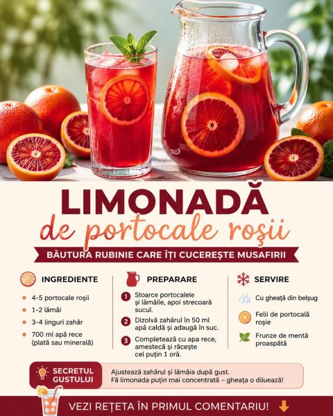 Limonadă de portocale roșii, băutura rubinie care îți cucerește musafirii din prima