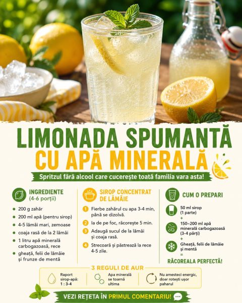 Limonada spumantă cu apă minerală. Spritzul fără alcool care cucerește toată familia vara asta!