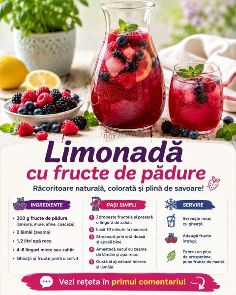 Limonadă cu fructe de pădure. Iată cum faci o răcoritoare colorată dintr-un mix de zmeură, mure și afine!