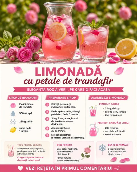 Limonadă cu petale de trandafir, eleganța roz a verii pe care o faci acasă