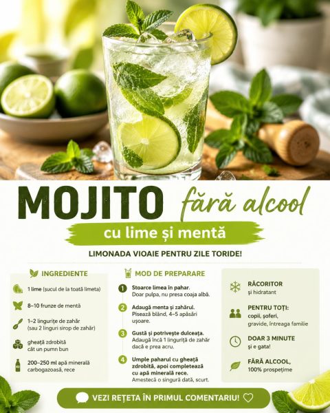 Mojito fără alcool cu lime și mentă. Iată cum faci cea mai vioaie limonadă de vară!
