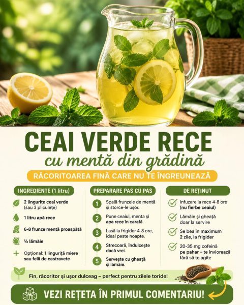 Ceai verde rece cu mentă din grădină, răcoritoarea fină care nu te îngreunează deloc