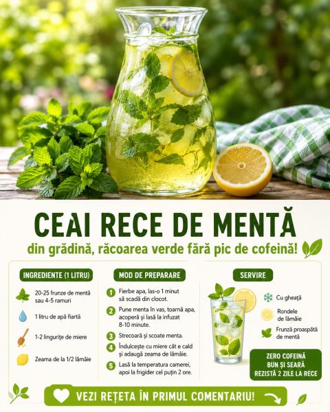 Ceai rece de mentă din grădină, răcoarea verde fără pic de cofeină!