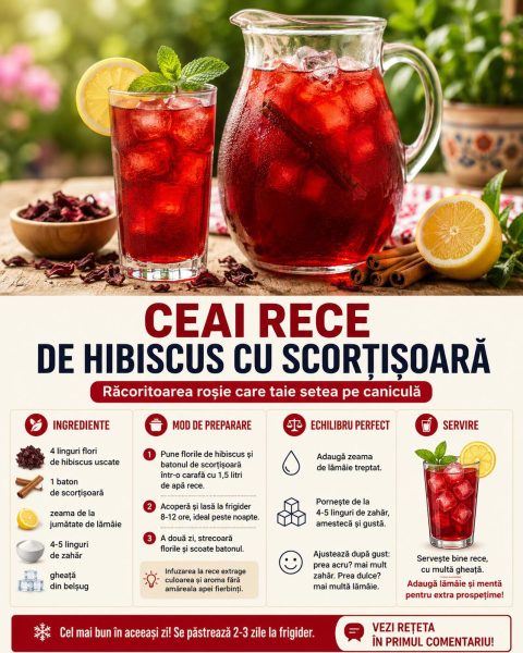 Ceai rece de hibiscus cu scorțișoară, răcoritoarea roșie care taie setea pe caniculă