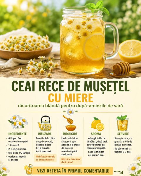 Ceai rece de mușețel cu miere, răcoritoarea blândă care îți salvează după-amiezile de vară