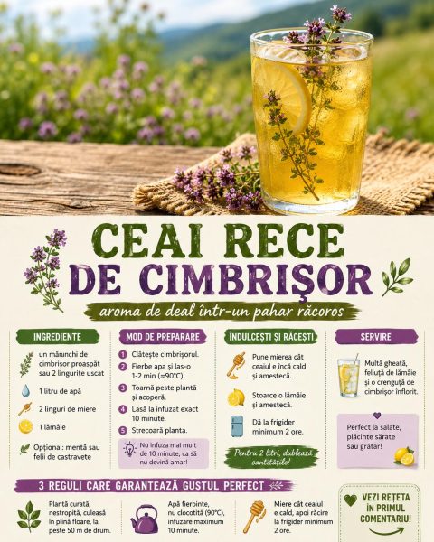 Ceai rece de cimbrișor, aroma de deal pe care o bei dintr-un pahar răcoros