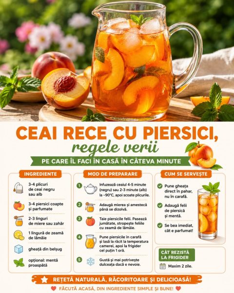 Ceai rece cu piersici, regele verii pe care îl faci în casă în câteva minute