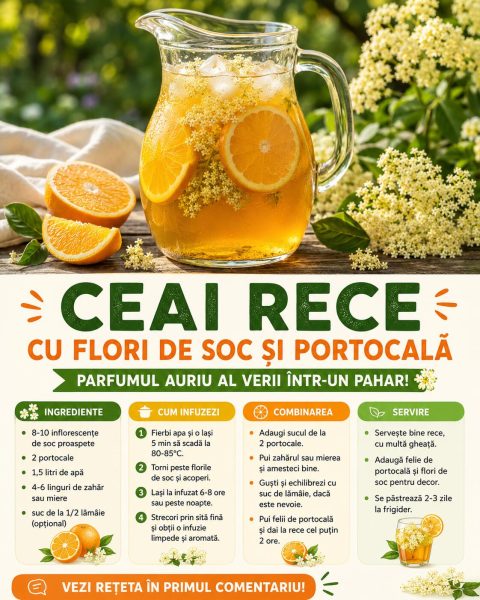 Ceai rece cu flori de soc și portocală. Iată parfumul auriu al verii într-un pahar!