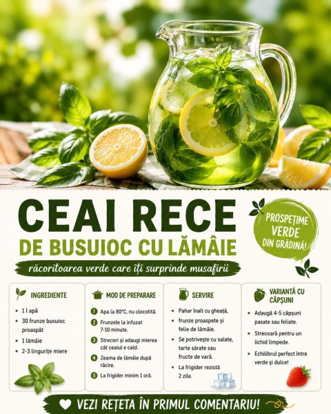 Ceai rece de busuioc cu lămâie, răcoritoarea verde care îți surprinde musafirii