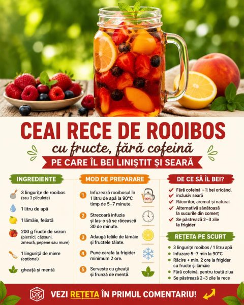 Ceai rece de rooibos cu fructe, fără cofeină, pe care îl bei liniștit și seară