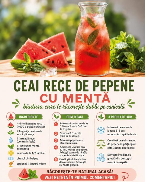 Ceai rece de pepene cu mentă, băutura care te răcorește dublu pe caniculă