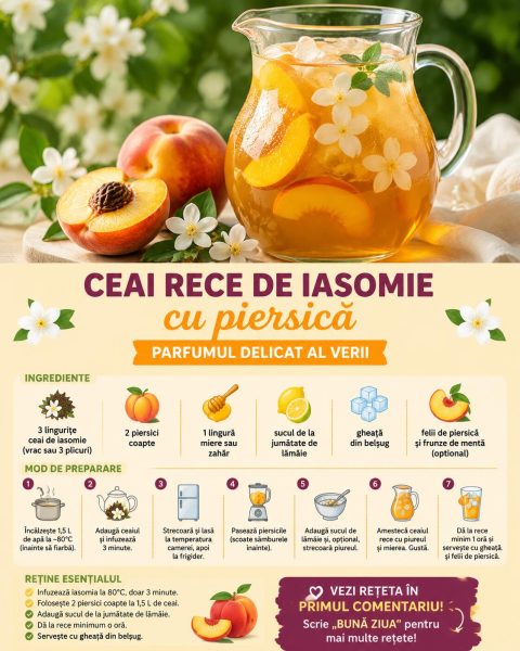 Ceai rece de iasomie cu piersică, cea mai parfumată răcoritoare a verii