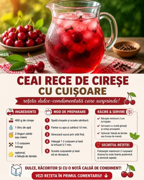 Ceai rece de cireșe cu cuișoare. Iată rețeta dulce-condimentată care surprinde pe toată lumea!