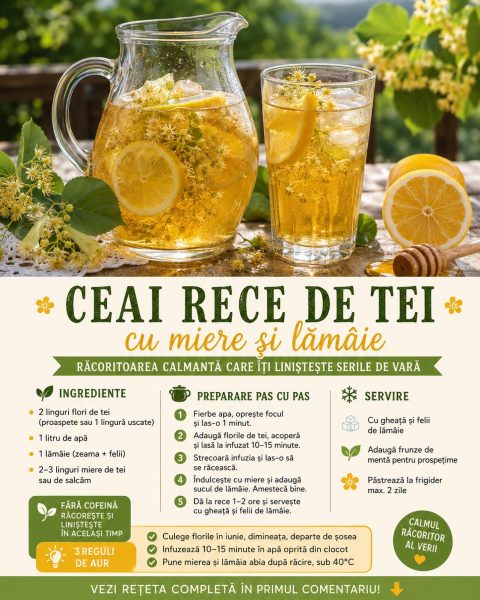 Ceai rece de tei cu miere și lămâie, răcoritoarea calmantă care îți liniștește serile de vară