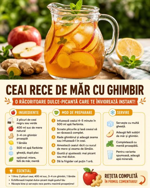 Ceai rece de măr cu ghimbir. O răcoritoare dulce-picantă care te înviorează instant!