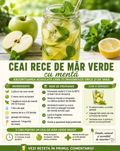 Ceai rece de măr verde cu mentă, răcoritoarea acidulată care îți înviorează orice zi de vară