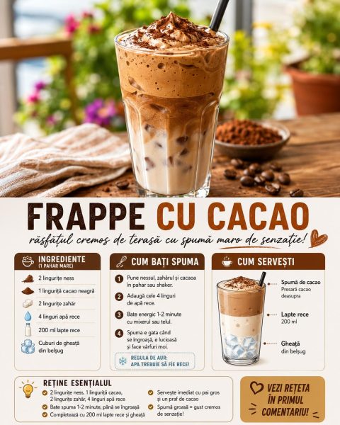 Frappe cu cacao, răsfățul cremos de terasă cu spumă maro de senzație