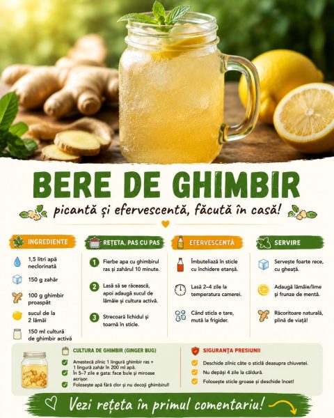 Bere de ghimbir de casă, picantă și efervescentă. Iată cum o faci natural, fără alcool!