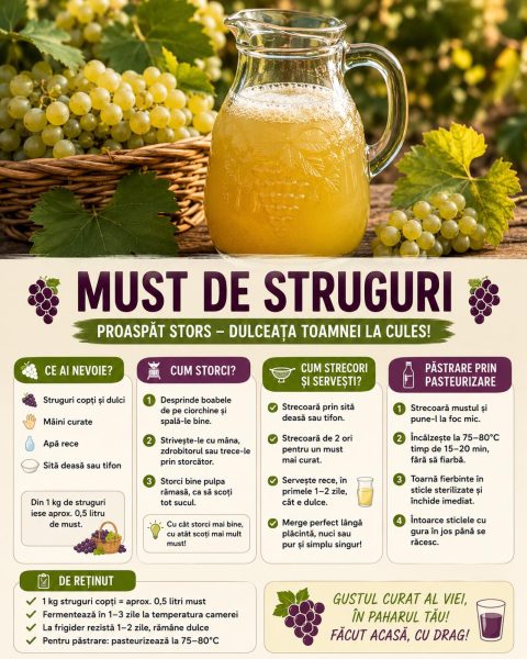 Must de struguri proaspăt stors. Iată cum prinzi dulceața toamnei la cules!