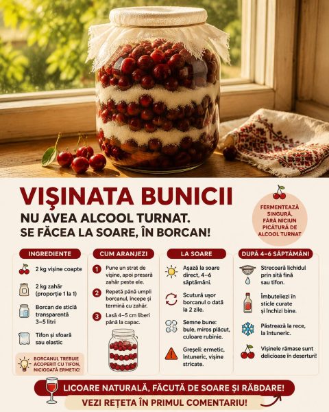 Vișinata bunicii nu avea alcool turnat. Se făcea la soare, în borcan!