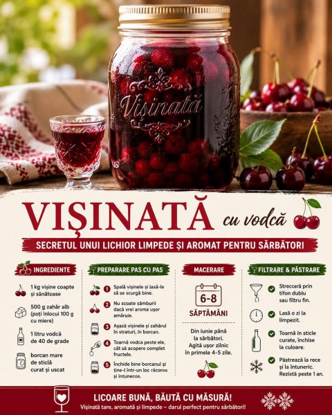 Vișinată cu vodcă, secretul unui lichior limpede și aromat pentru sărbători