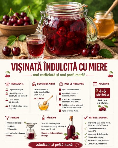 Vișinată îndulcită cu miere. Iată cum obții o băutură mai catifelată și mai parfumată!