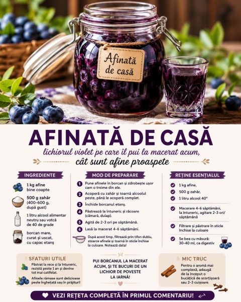 Afinată de casă, lichiorul violet pe care îl pui la macerat acum, cât sunt afine proaspete