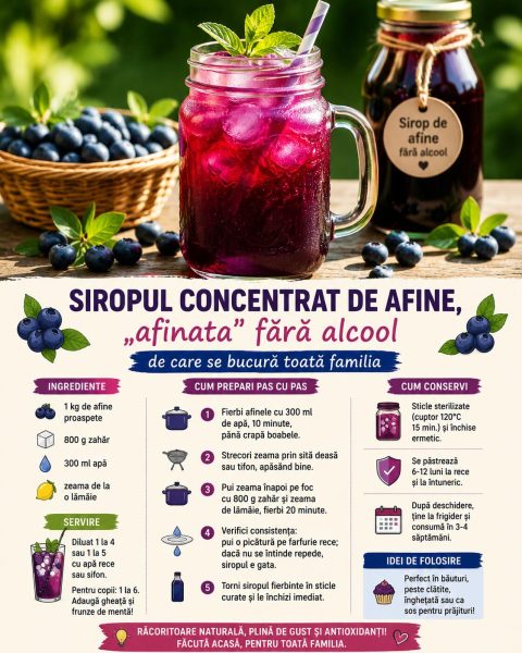 Siropul concentrat de afine, „afinata„ fără alcool de care se bucură toată familia
