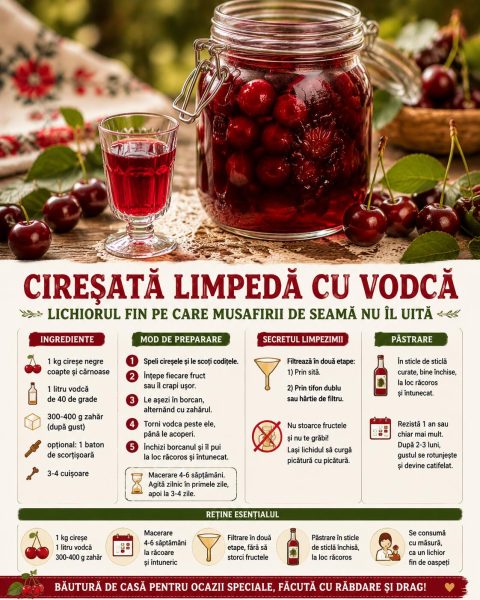 Cireșată limpede cu vodcă, lichiorul fin pe care musafirii de seamă nu îl uită