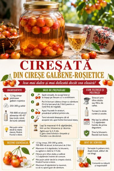 Cireșată din cireșe galbene-roșietice. Iese mai dulce și mai delicată decât cea clasică!
