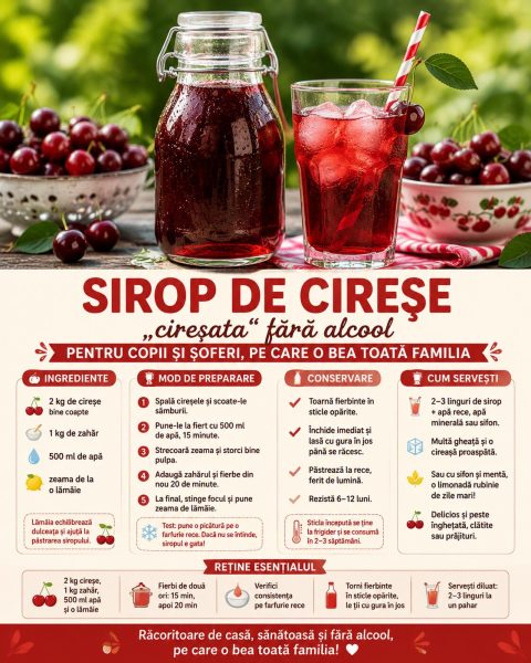 Sirop de cireșe, „cireșata„ fără alcool pe care o bea toată familia. Iată rețeta!