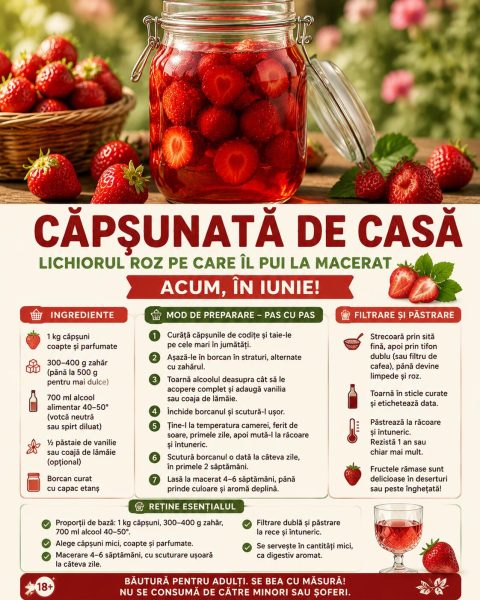 Căpșunată de casă, lichiorul roz pe care îl pui la macerat acum, în iunie