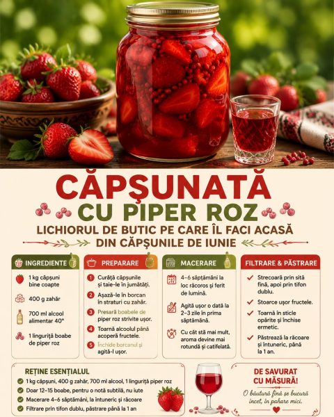 Căpșunată cu piper roz, lichiorul de butic pe care îl faci acasă din căpșunile de iunie