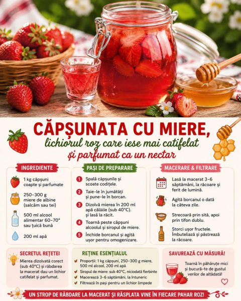 Căpșunata cu miere, lichiorul roz care iese mai catifelat și parfumat ca un nectar