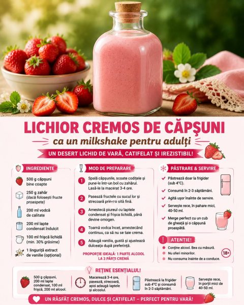 Lichior cremos de căpșuni, ca un milkshake pentru adulți. Iată rețeta!