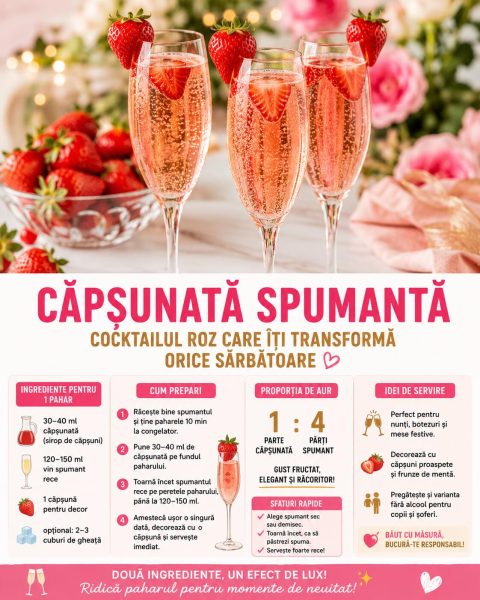 Căpșunată spumantă, cocktailul roz care îți transformă orice sărbătoare. Iată cum îl prepari!