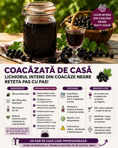 Coacăzată de casă, lichiorul intens din coacăze negre. Iată rețeta pas cu pas!