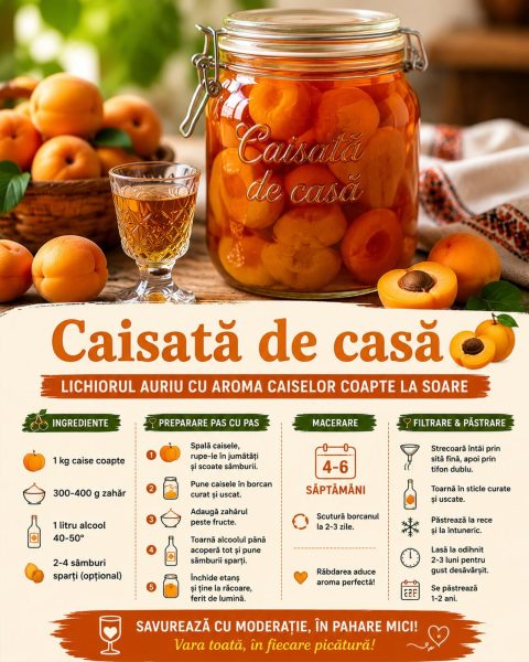 Caisată de casă, lichiorul auriu care prinde toată dulceața caiselor coapte la soare