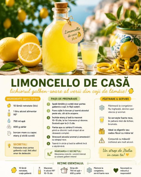 Limoncello de casă, lichiorul galben-soare al verii. Iată cum îl faci din coji de lămâie!
