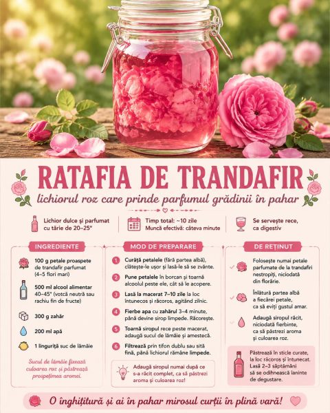 Ratafia de trandafir, lichiorul roz care prinde parfumul grădinii în pahar