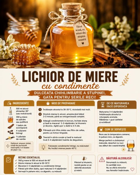 Lichior de miere cu condimente. Dulceața chihlimbarie a stupinei, gata pentru serile reci!