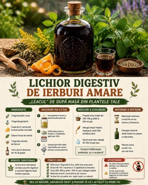 Lichior digestiv de ierburi amare, leacul de după masă pe care îl faci din plantele tale de grădină