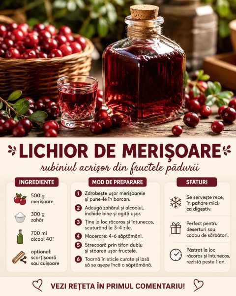 Lichior de merișoare, rubiniul acrișor care îți cucerește oaspeții. Iată rețeta pas cu pas!