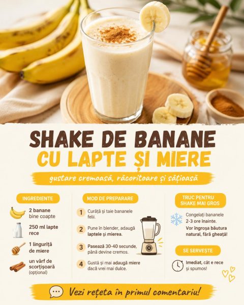 Shake de banane cu lapte și miere. Gustarea cremoasă care te ține de foame și te răcorește pe căldură!