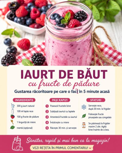 Iaurt de băut cu fructe de pădure, gustarea răcoritoare pe care o faci în 5 minute acasă